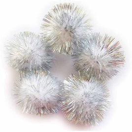 30pcs Glitter Tinsel Pom Balls 1.5" - White/Silver