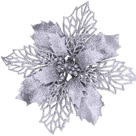 12pcs Glitter Poinsettia Flowers 6“-U PICK - Silver