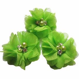 20 Chiffon Silk Flower Rhinestone Pearl 2" - Lime