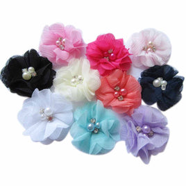 20 Chiffon Silk Flower Rhinestone Pearl 2" - 10 Colors