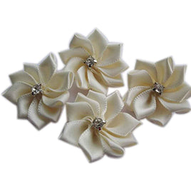 30pcs Satin Ribbon Flowers  Sewn Rhinestone - Ivory