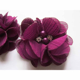 20 Chiffon Silk Flower Rhinestone Pearl 2" - Deep Plum