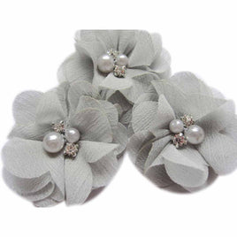 20 Chiffon Silk Flower Rhinestone Pearl 2" - Silver