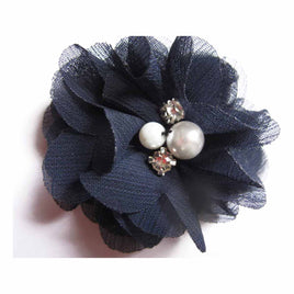 20 Chiffon Silk Flower Rhinestone Pearl 2" - Navy