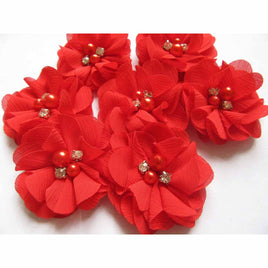 20 Chiffon Silk Flower Rhinestone Pearl 2" - Red