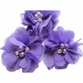 20 Chiffon Silk Flower Rhinestone Pearl 2" - Purple