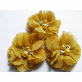 20 Chiffon Silk Flower Rhinestone Pearl 2" - Mustard Yellow