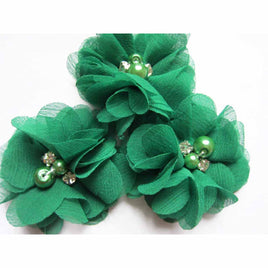 20 Chiffon Silk Flower Rhinestone Pearl 2" - Emerald Green