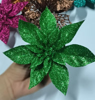 12 Glitter Poinsettia Flowers 6 Inch for Christmas Tree-U PCIK