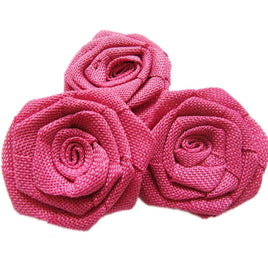 12pcs Burlap Roses Fabric Flowers 3" - Hot Pink