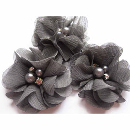 20 Chiffon Silk Flower Rhinestone Pearl 2" - Dark Grey