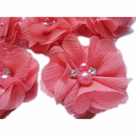 20 Chiffon Silk Flower Rhinestone Pearl 2" - Coral