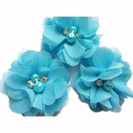 20 Chiffon Silk Flower Rhinestone Pearl 2" - Island Blue