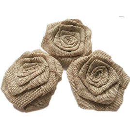 12pcs Burlap Roses Fabric Flowers 3" - Beige