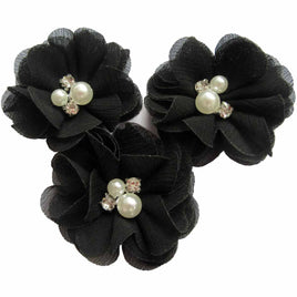 20 Chiffon Silk Flower Rhinestone Pearl 2" - Black