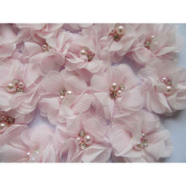 20 Chiffon Silk Flower Rhinestone Pearl 2" - Baby Pink