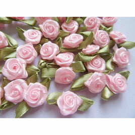 100 pcs Satin Ribbon Rose w/ Leaf - Pink