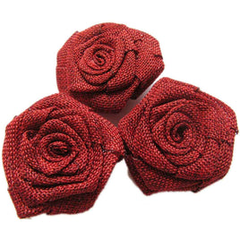 12pcs Burlap Roses Fabric Flowers 3" - Burgundy