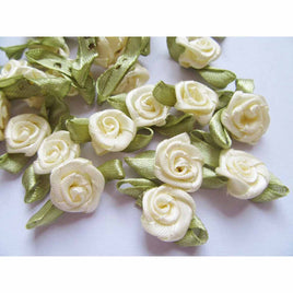 100 pcs Satin Ribbon Rose w/ Leaf - Ivory