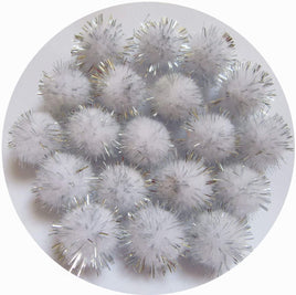 100pcs Glitter Tinsel Pom Balls 1" (25mm) - White/Silver