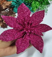 12 Glitter Poinsettia Flowers 6 Inch for Christmas Tree-U PCIK