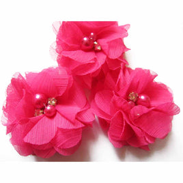 20 Chiffon Silk Flower Rhinestone Pearl 2" - Fuschia