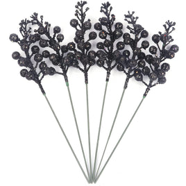 16 Pack Glitter Artificial Berries Stems- Black