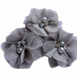 20 Chiffon Silk Flower Rhinestone Pearl 2" - Grey