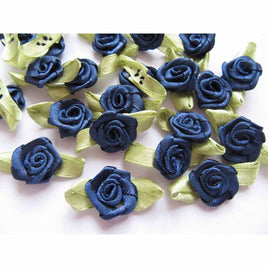 100 pcs Satin Ribbon Rose w/ Leaf - Navy