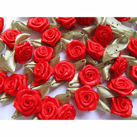 100 pcs Satin Ribbon Rose w/ Leaf - Red