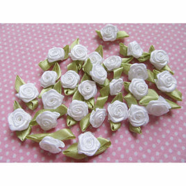 100 pcs Satin Ribbon Rose w/ Leaf - White