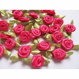 100 pcs Satin Ribbon Rose w/ Leaf - Hot Pink