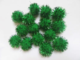 100pcs Glitter Tinsel Pom Balls 1" (25mm) - Green