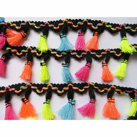 5 Yards Tassel Trim Cotton Fabric Ribbon Fringe-Black Rainbow