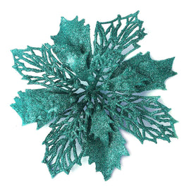 12pcs Glitter Poinsettia Flowers 6“- Teal