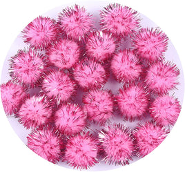 100pcs Glitter Tinsel Pom Balls 1" (25mm) - Dark Pink