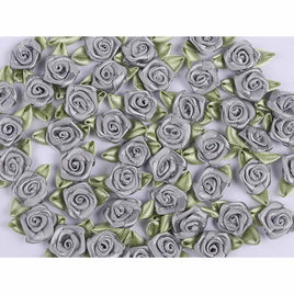 100 pcs Satin Ribbon Rose w/ Leaf - Silver