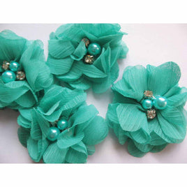 20 Chiffon Silk Flower Rhinestone Pearl 2" - Teal