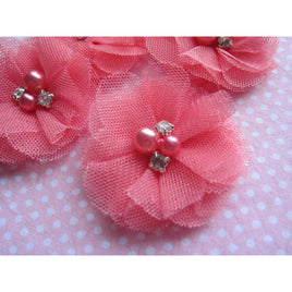 20 Tulle Mesh Flower w/Pearl Rhinestone  2" D007 - Coral