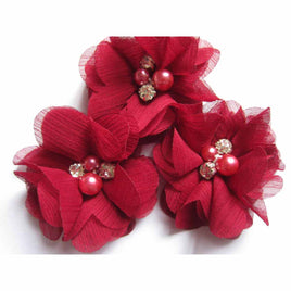 20 Chiffon Silk Flower Rhinestone Pearl 2" - Burgundy