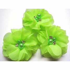 20 Chiffon Silk Flower Rhinestone Pearl 2" - Neon Green