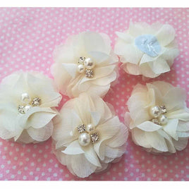 20 Chiffon Silk Flower Rhinestone Pearl 2" - Ivory